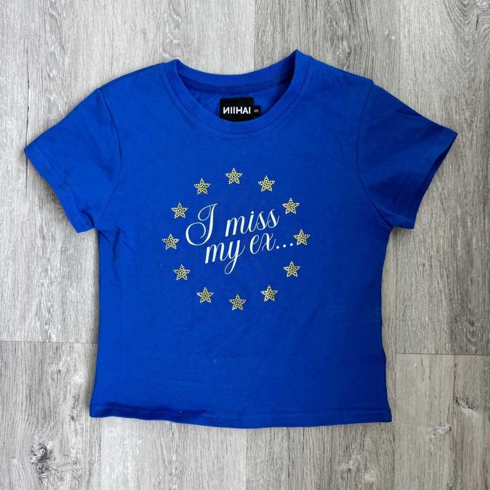 Niihai “I miss my ex” Rhinestone Blue Baby Tee